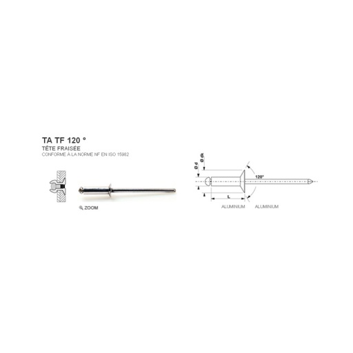 Rivet aveugle 100% aluminium ta tf tête fraisée 4 x 12mm 