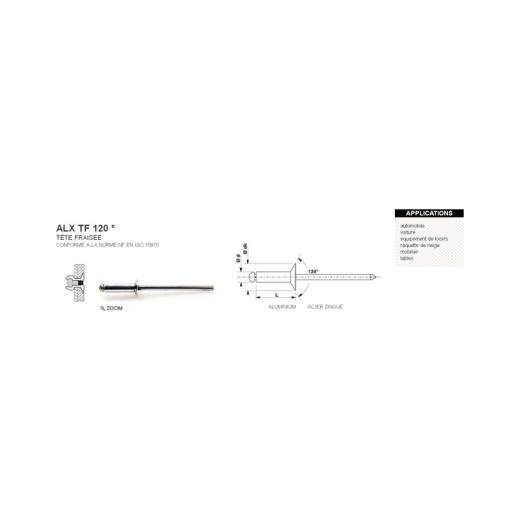 Rivet aveugle alx tf tête fraisée 120° 2.4 x 8mm 